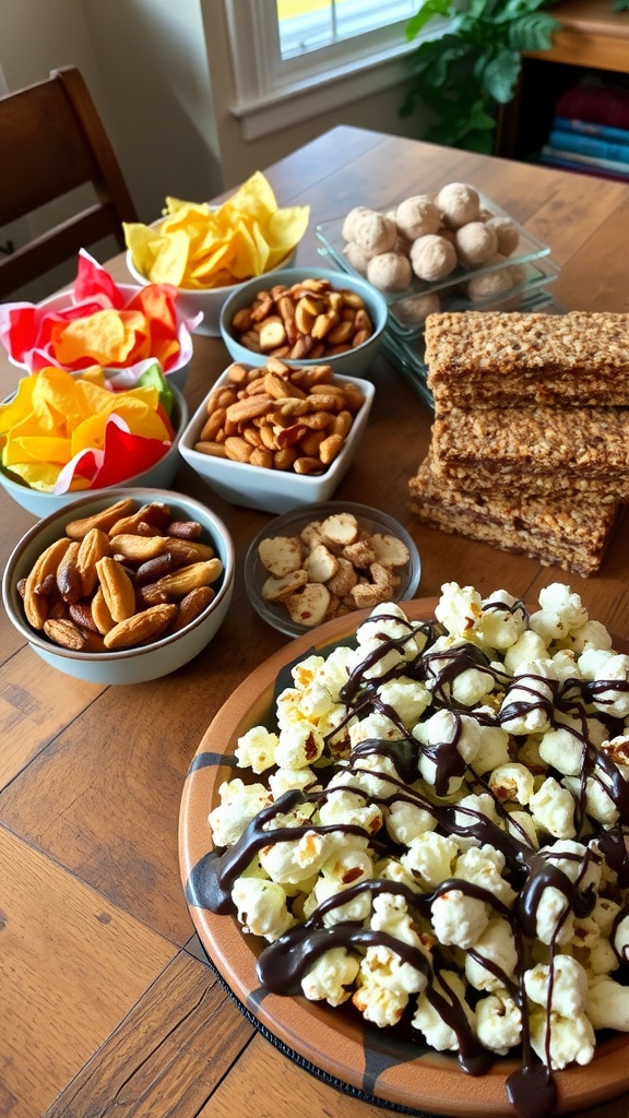 A variety of delicious snacks including chips, nuts, popcorn, and granola bars on a rustic table.